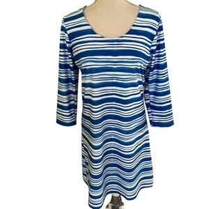 Kaeli Smith Blue and White Uneven Stripe Pull Over Shift Dress L